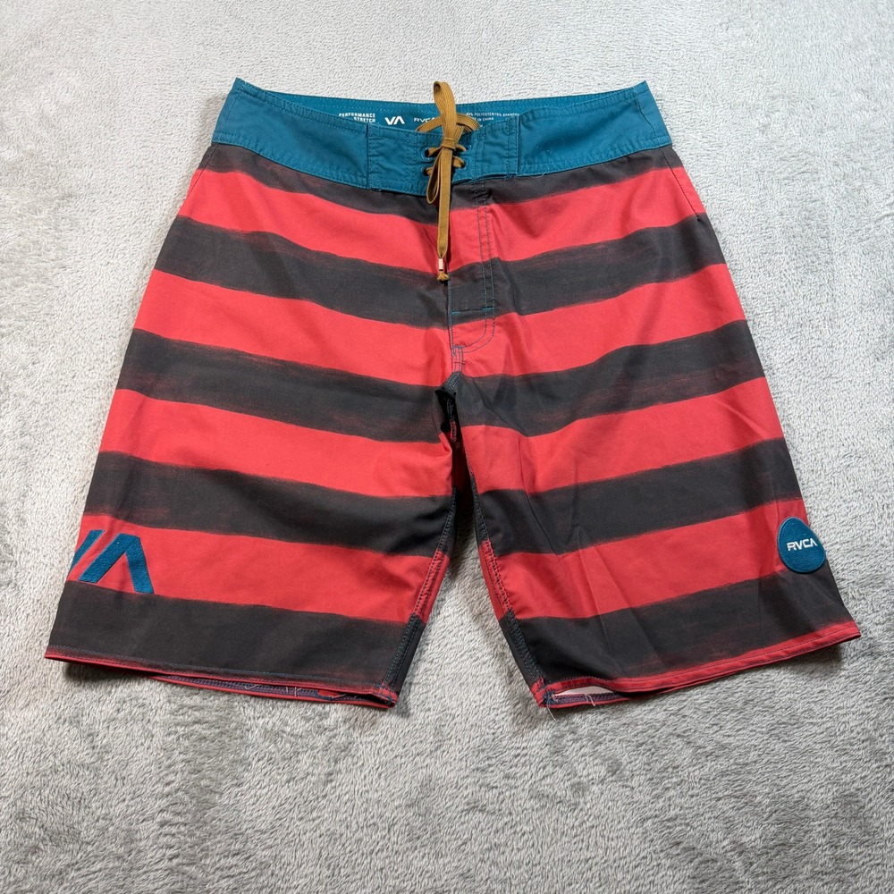 RVCA Board Shorts Mens 30 Red Black Striped 10" Performance Stretch Swim Trunks